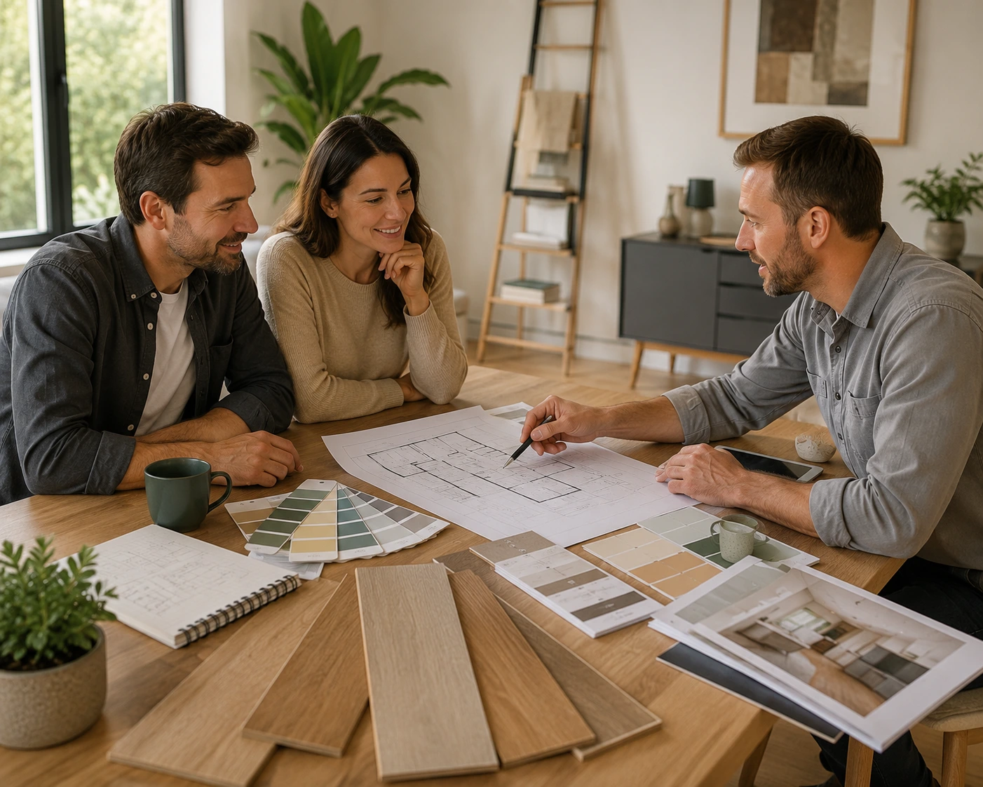 Artisan conseillant un couple dans la préparation de leur projet de rénovation intérieure.
