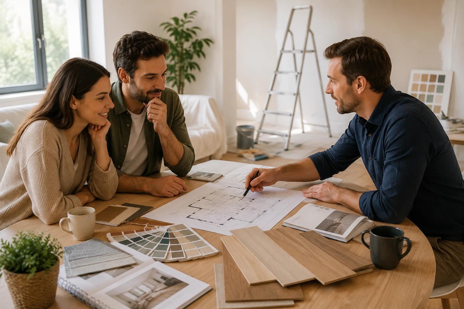 Artisan accompagnant un couple dans la préparation de leur projet de rénovation intérieure.